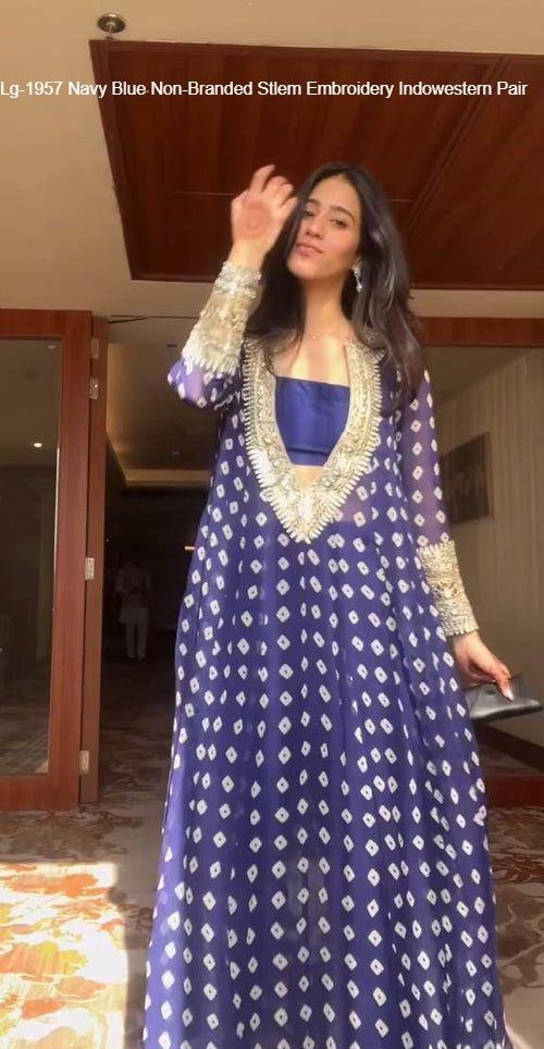 Lg-1957 Navy Blue Non-Branded Stlem Embroidery Indowestern Pair