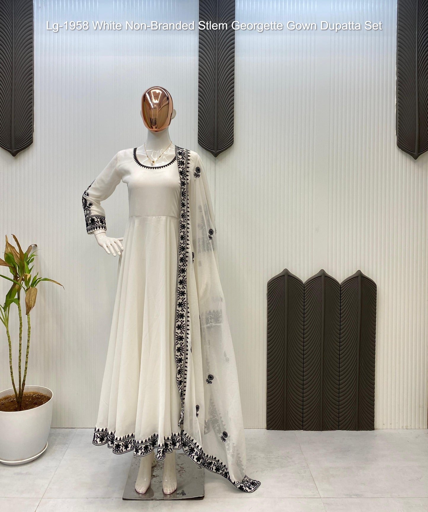 Lg-1958 White Non-Branded Stlem Georgette Gown Dupatta Set