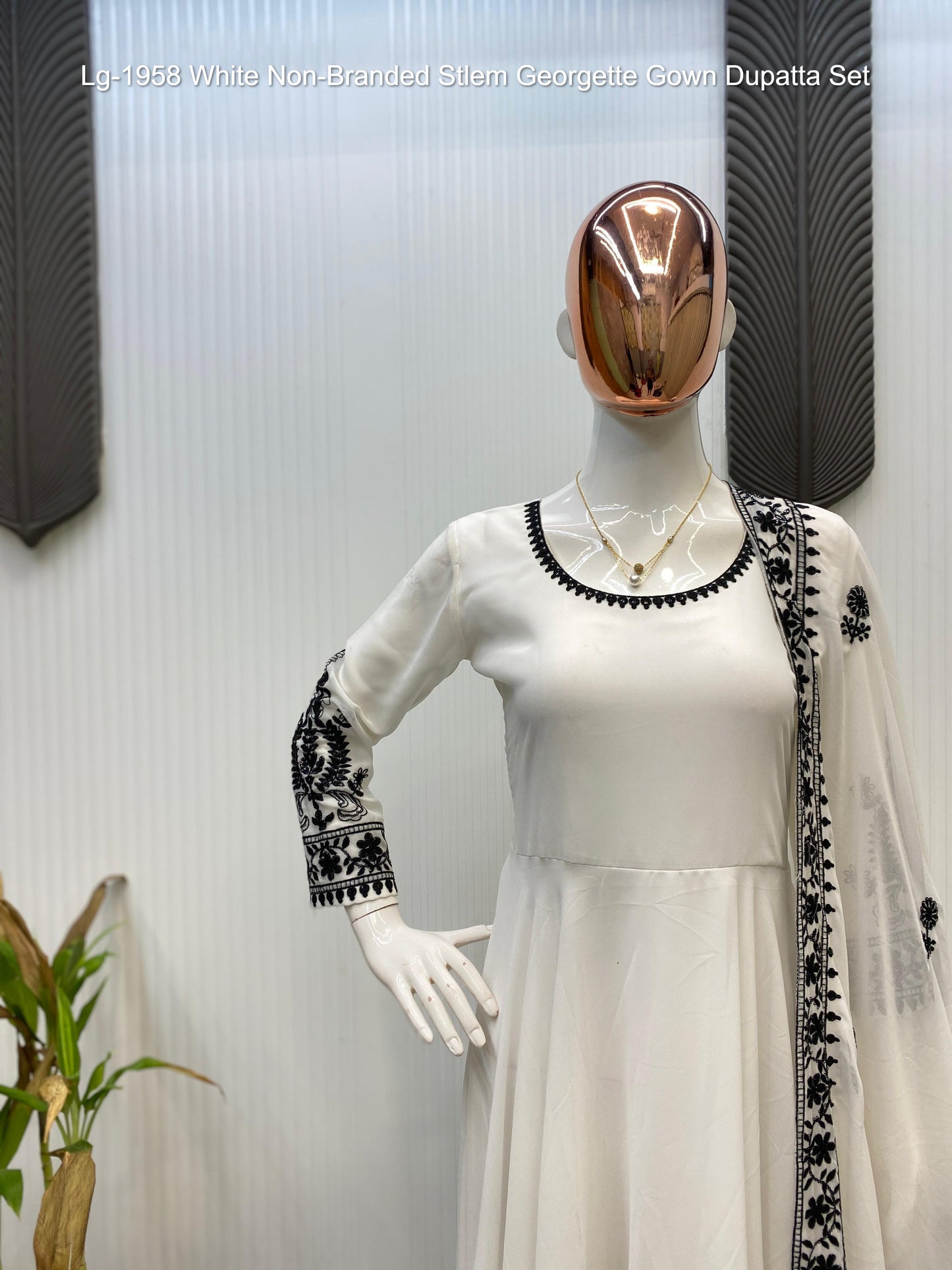 Lg-1958 White Non-Branded Stlem Georgette Gown Dupatta Set