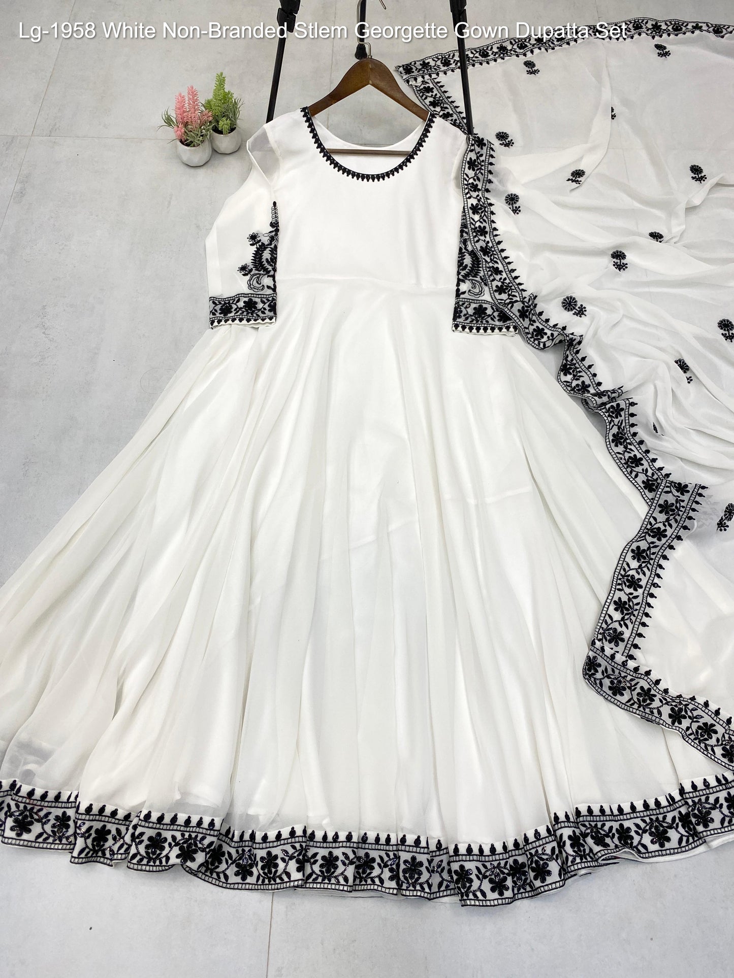 Lg-1958 White Non-Branded Stlem Georgette Gown Dupatta Set