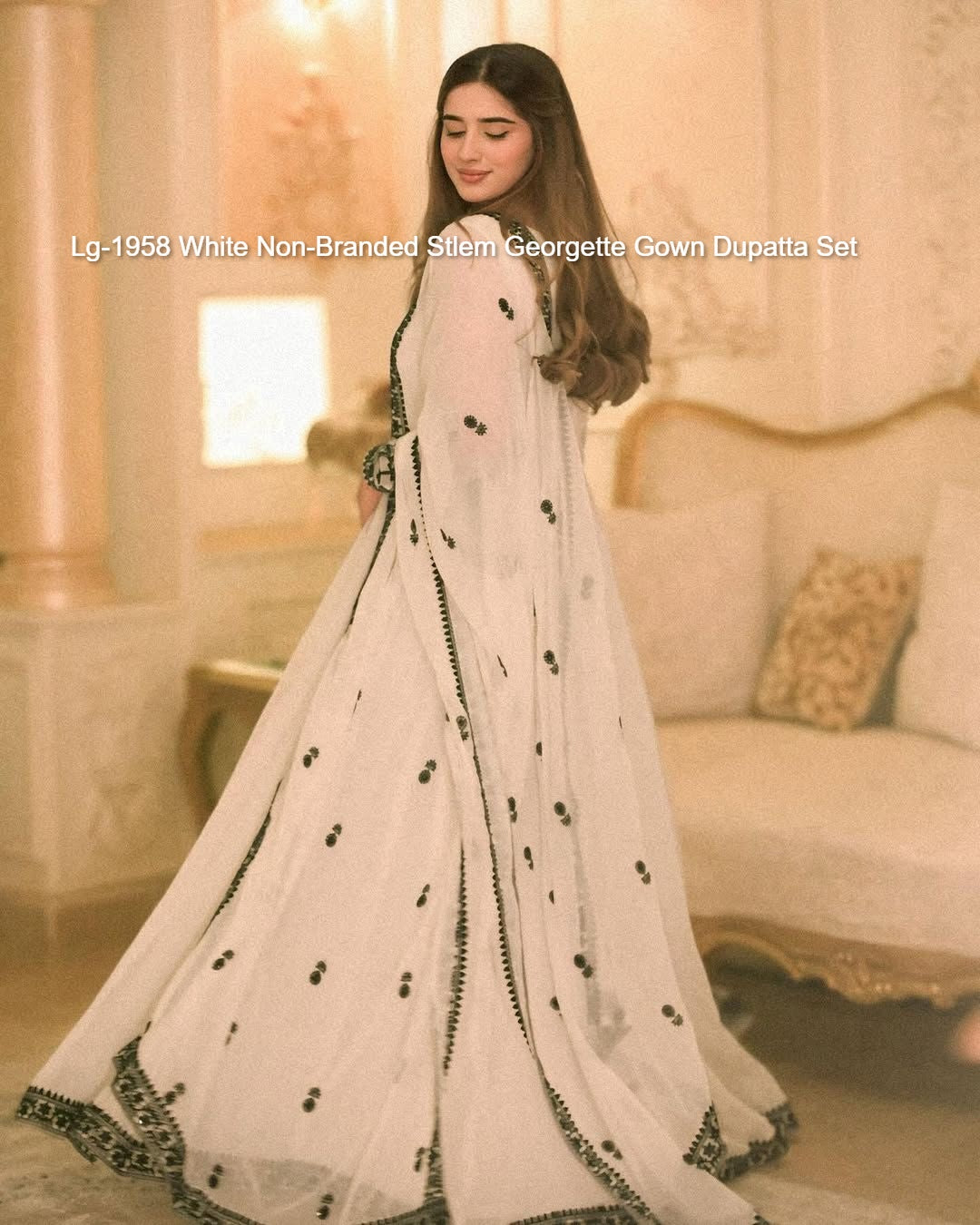 Lg-1958 White Non-Branded Stlem Georgette Gown Dupatta Set