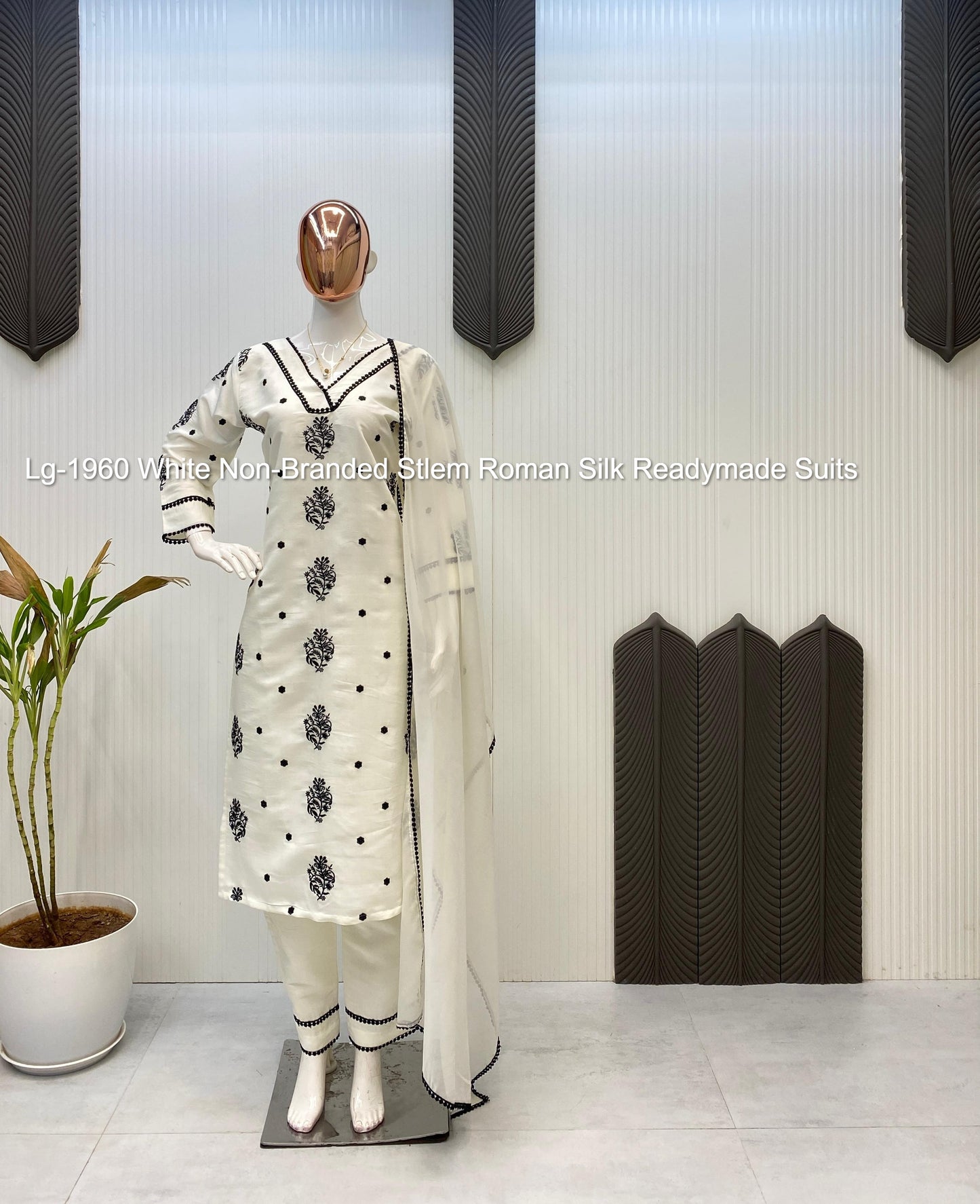 Lg-1960 White Non-Branded Stlem Roman Silk Readymade Suits