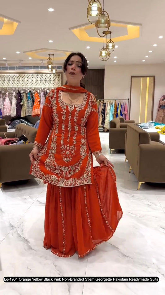 Lg-1964 Orange Yellow Black Pink Non-Branded Stlem Georgette Pakistani Readymade Suits