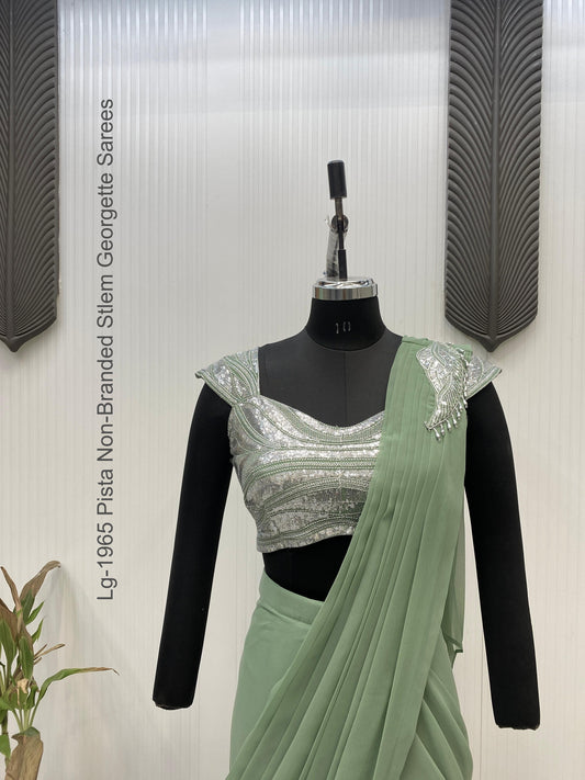 Lg-1965 Pista Non-Branded Stlem Georgette Sarees
