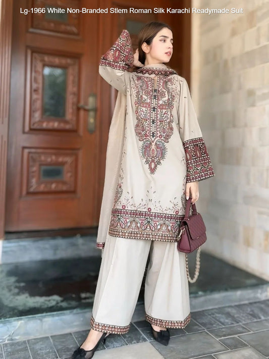 Lg-1966 White Non-Branded Stlem Roman Silk Karachi Readymade Suit