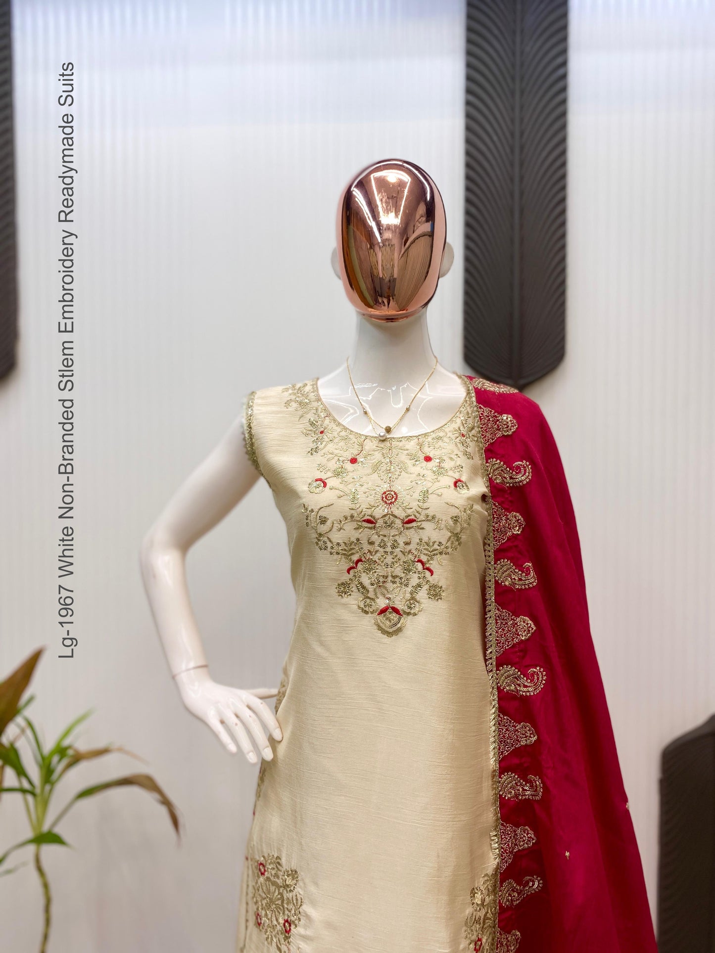 Lg-1967 White Non-Branded Stlem Embroidery Readymade Suits