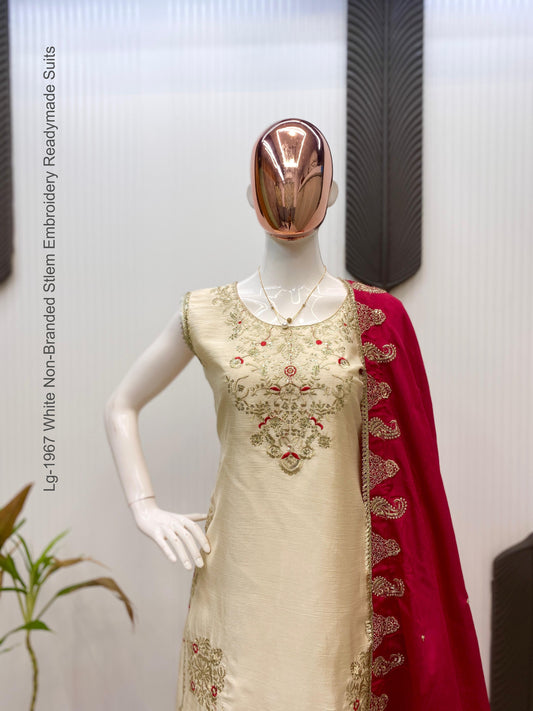 Lg-1967 White Non-Branded Stlem Embroidery Readymade Suits