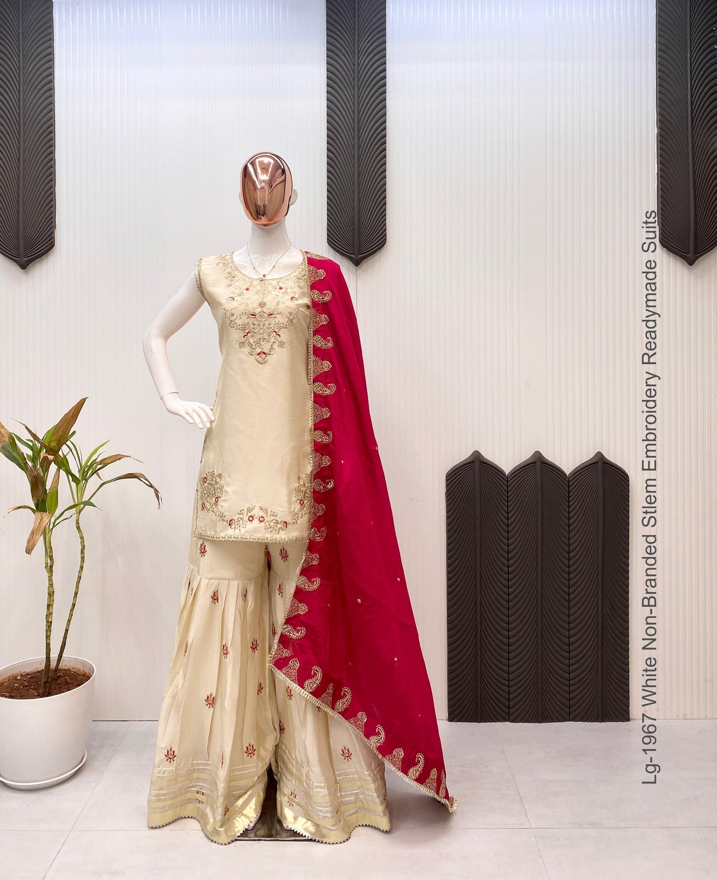 Lg-1967 White Non-Branded Stlem Embroidery Readymade Suits