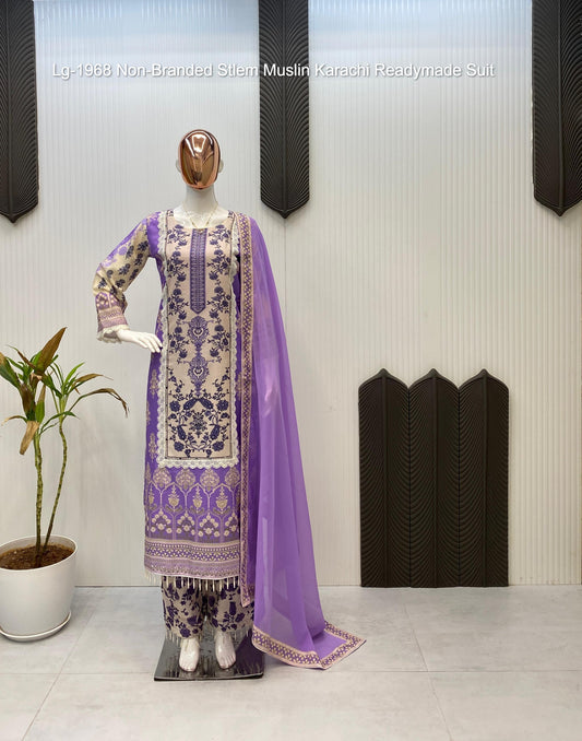 Lg-1968 Non-Branded Stlem Muslin Karachi Readymade Suit