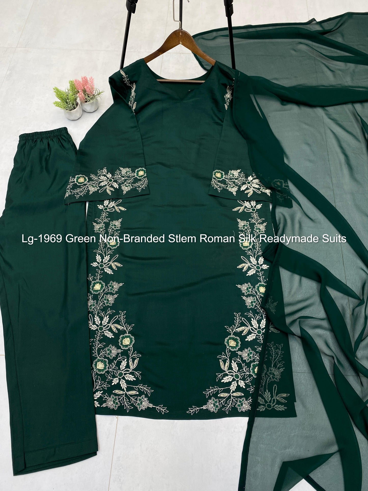 Lg-1969 Green Non-Branded Stlem Roman Silk Readymade Suits