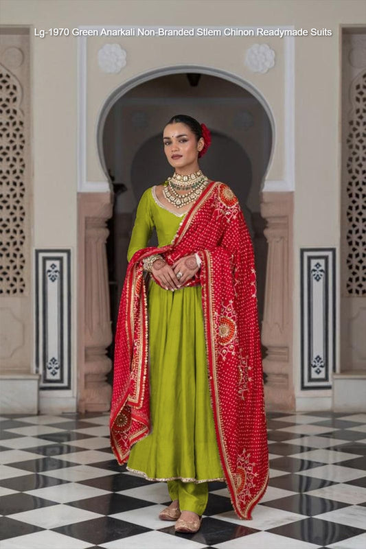 Lg-1970 Green Anarkali Non-Branded Stlem Chinon Readymade Suits