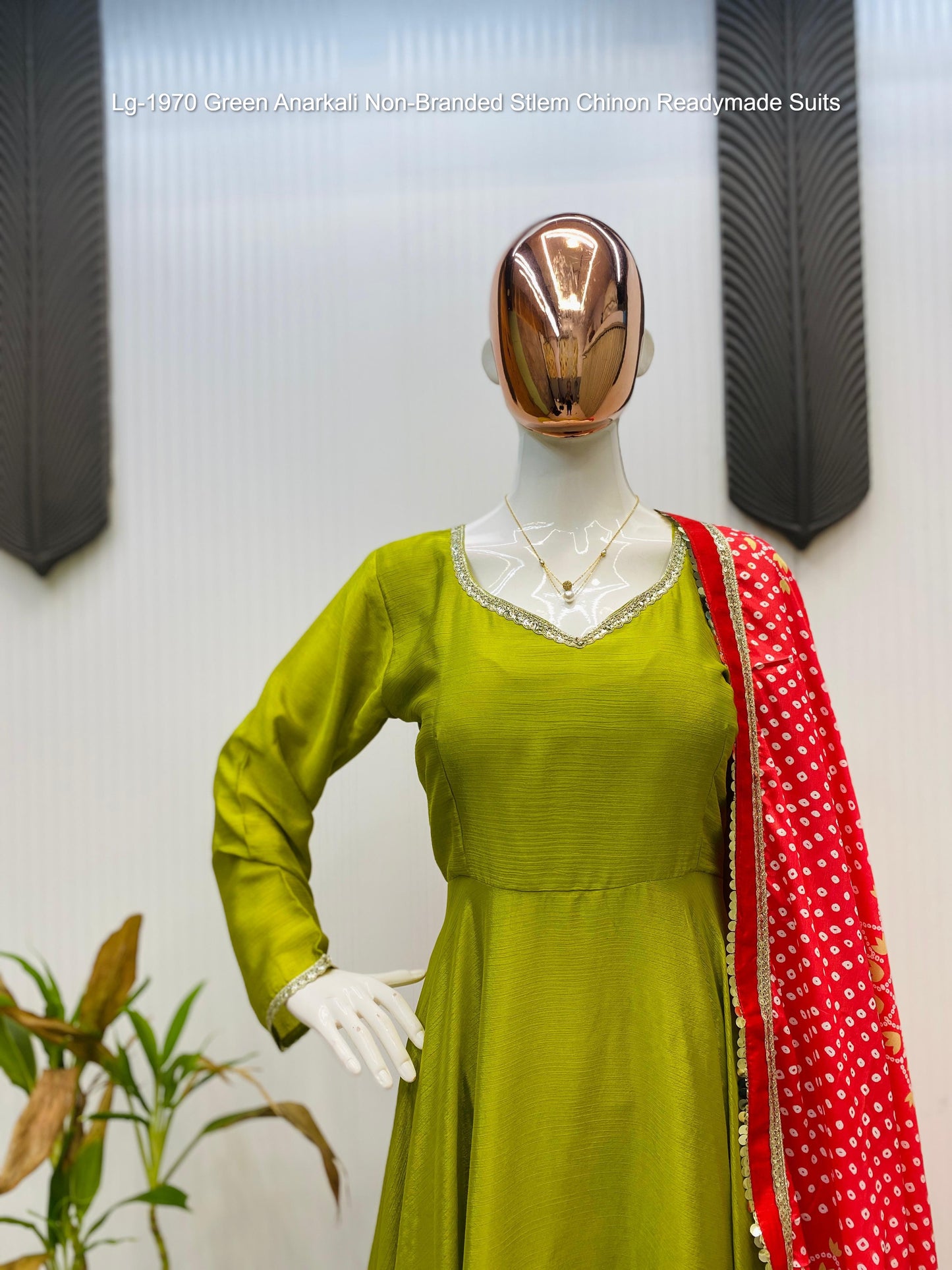 Lg-1970 Green Anarkali Non-Branded Stlem Chinon Readymade Suits
