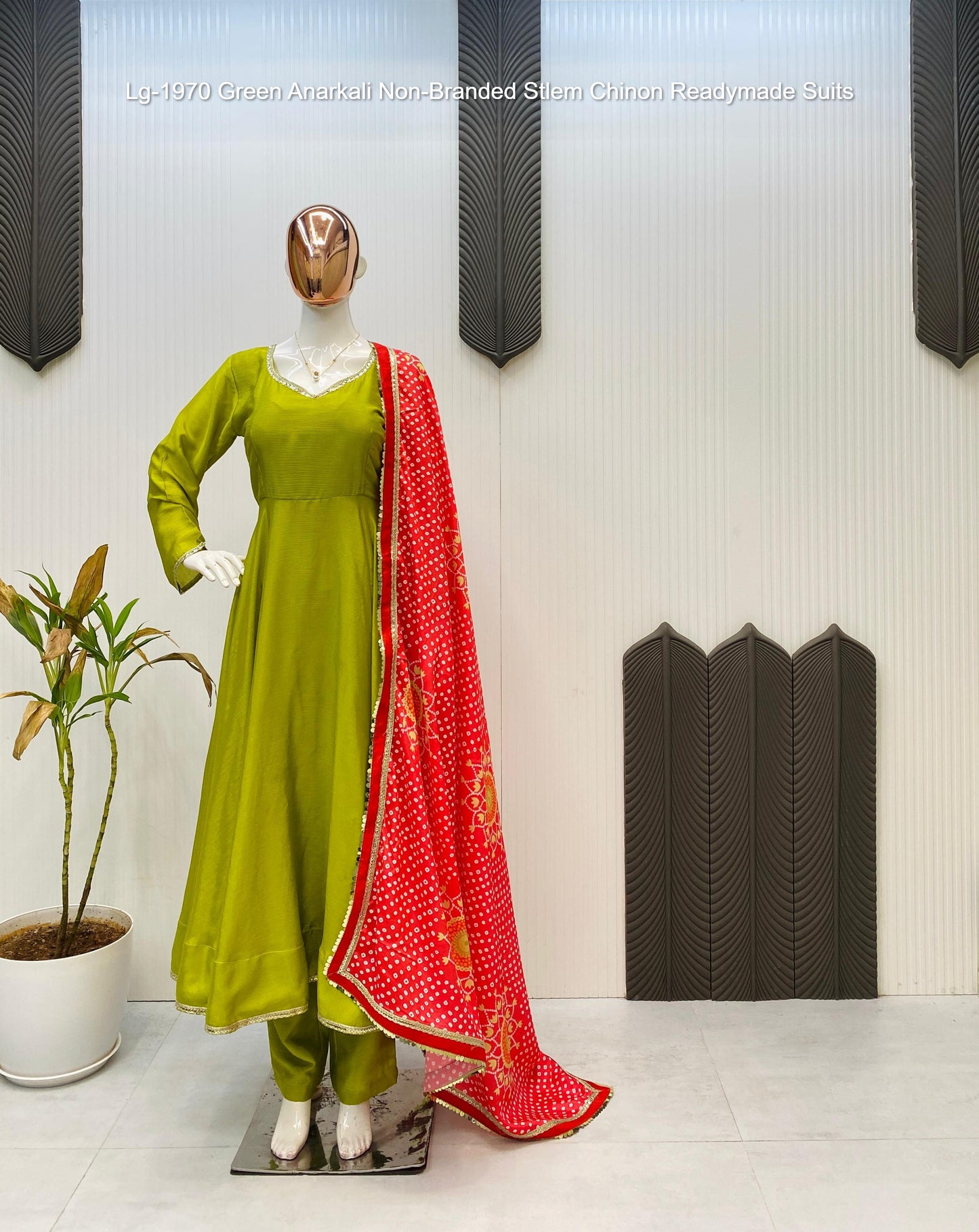 Lg-1970 Green Anarkali Non-Branded Stlem Chinon Readymade Suits