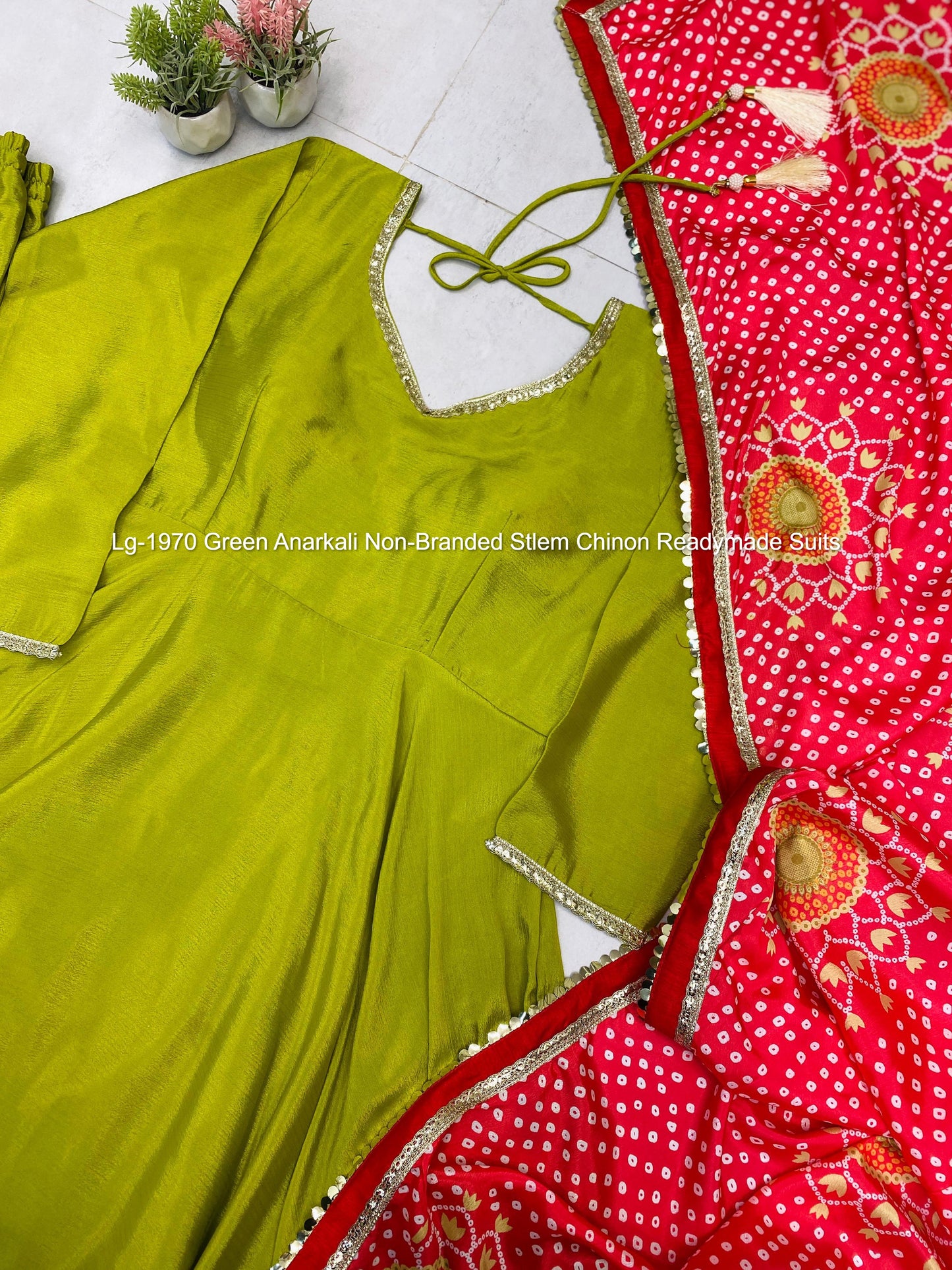 Lg-1970 Green Anarkali Non-Branded Stlem Chinon Readymade Suits