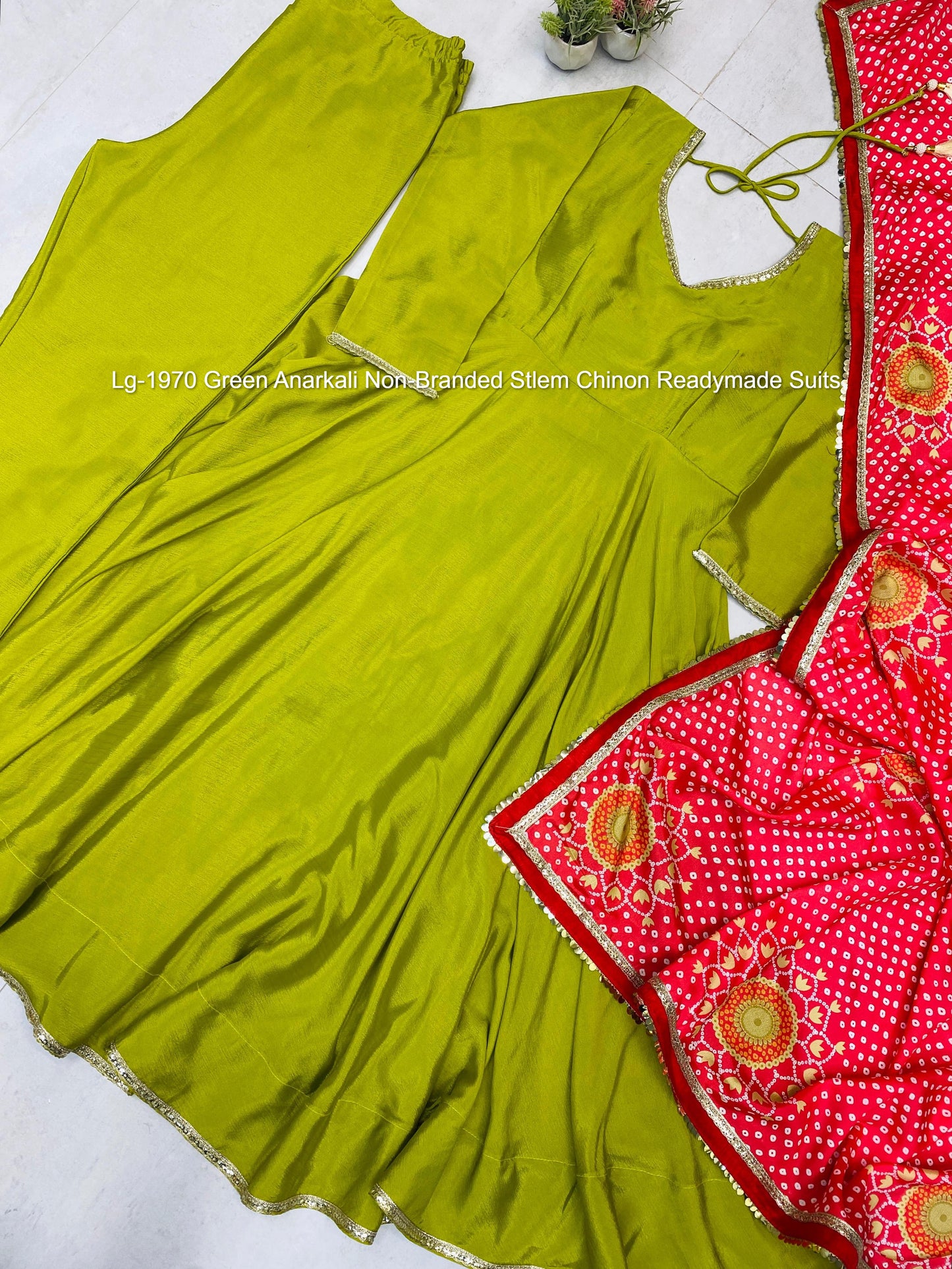 Lg-1970 Green Anarkali Non-Branded Stlem Chinon Readymade Suits
