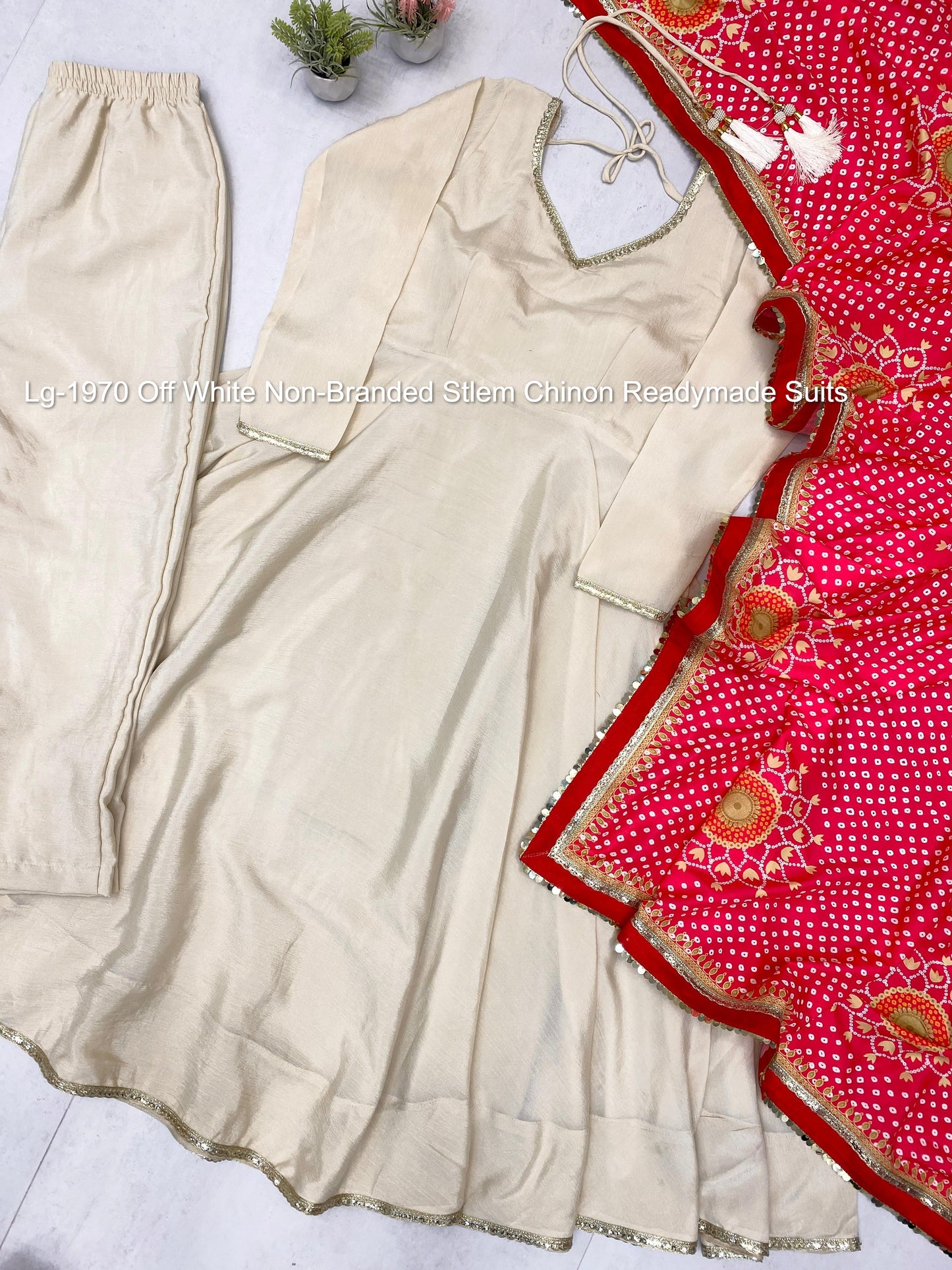 Lg-1970 Off White Non-Branded Stlem Chinon Readymade Suits