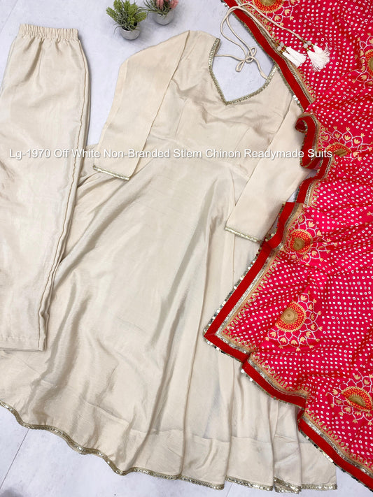 Lg-1970 Off White Non-Branded Stlem Chinon Readymade Suits