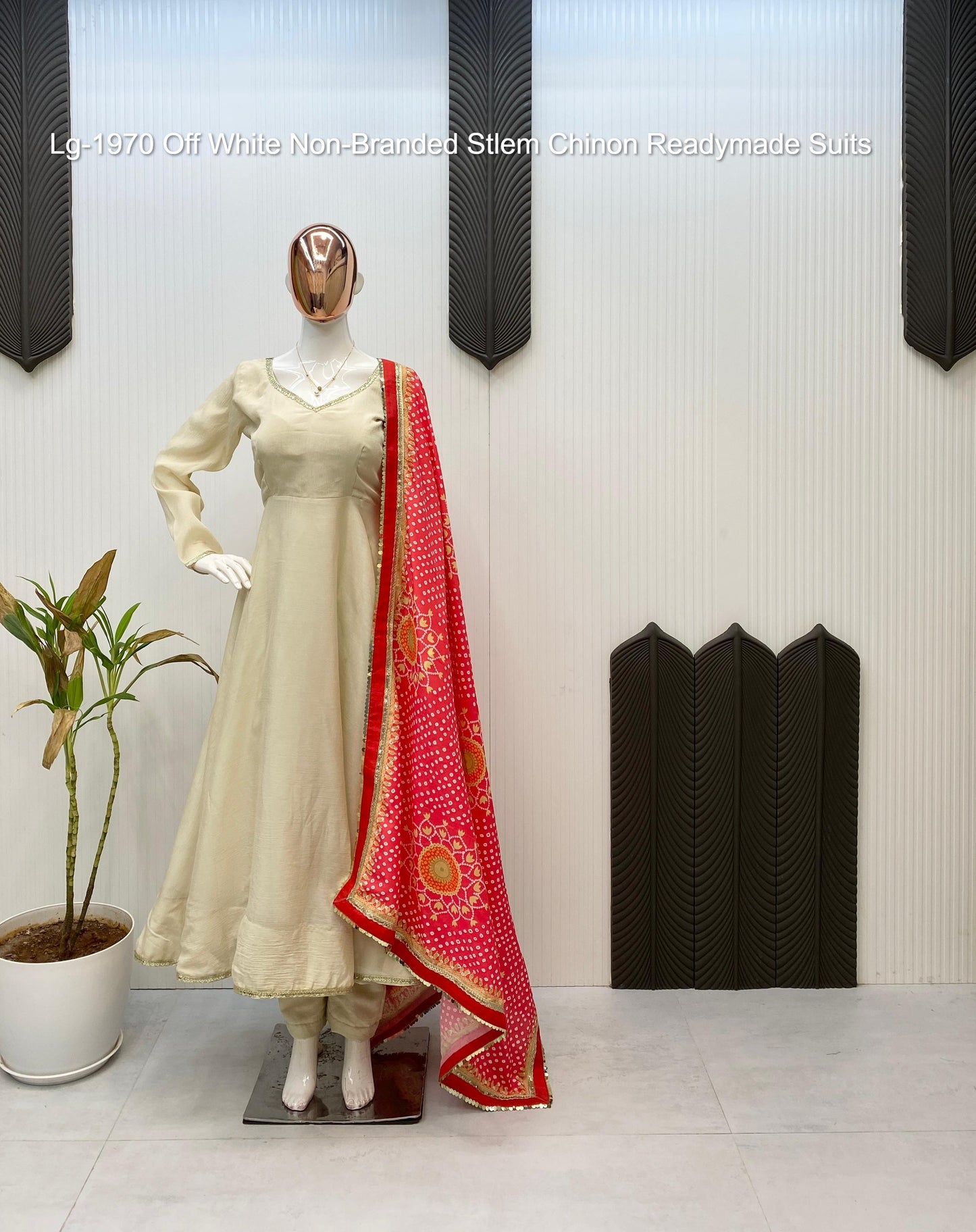 Lg-1970 Off White Non-Branded Stlem Chinon Readymade Suits