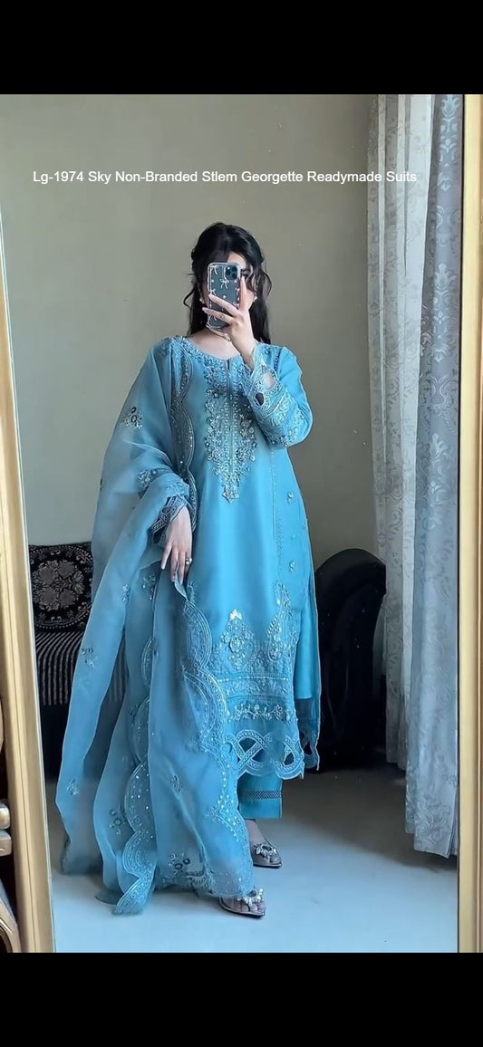 Lg-1974 Sky Non-Branded Stlem Georgette Readymade Suits
