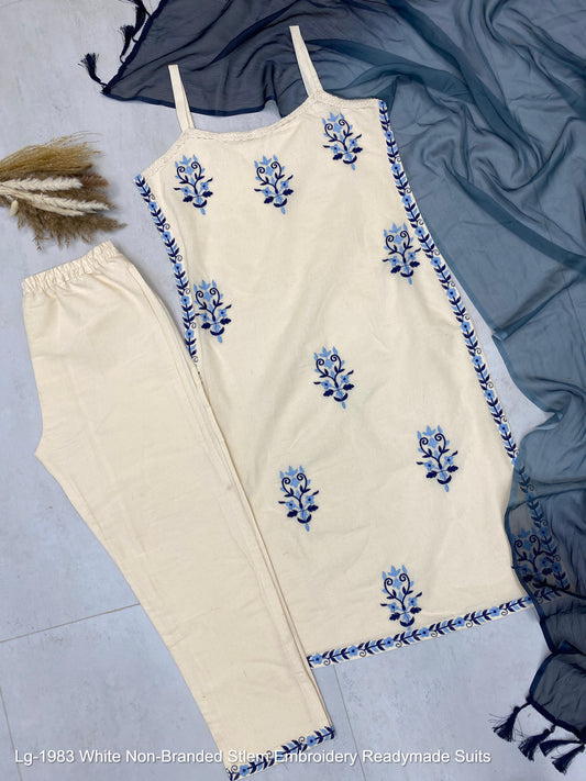 Lg-1983 White Non-Branded Stlem Embroidery Readymade Suits