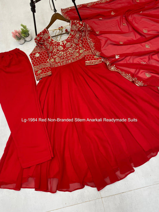 Lg-1984 Red Non-Branded Stlem Anarkali Readymade Suits