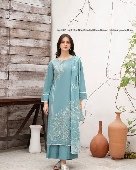 Lg-1987 Light Blue Non-Branded Stlem Roman Silk Readymade Suits