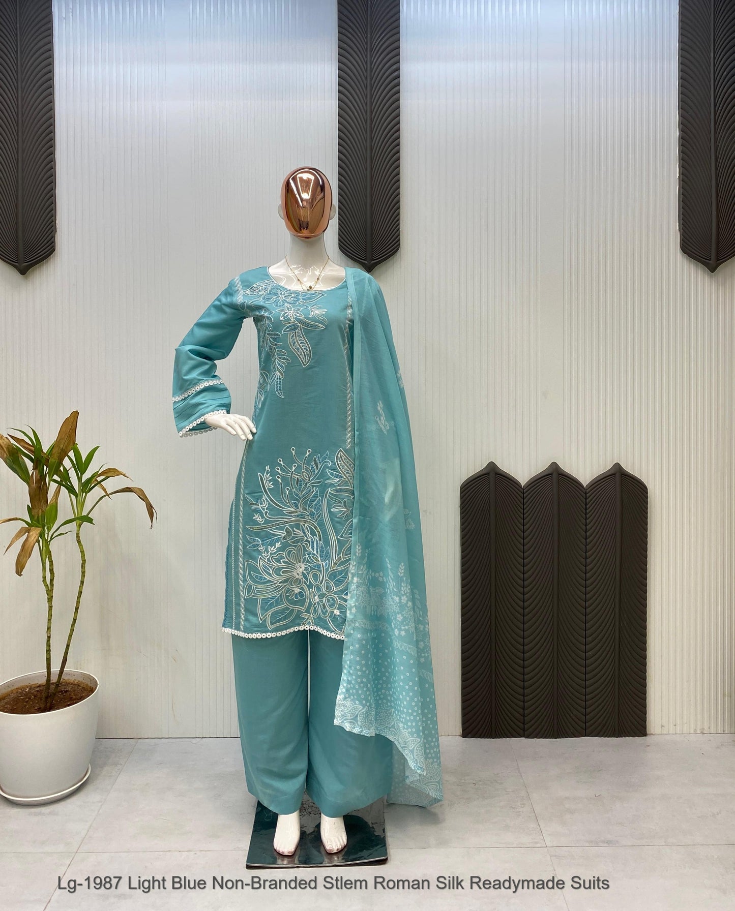 Lg-1987 Light Blue Non-Branded Stlem Roman Silk Readymade Suits