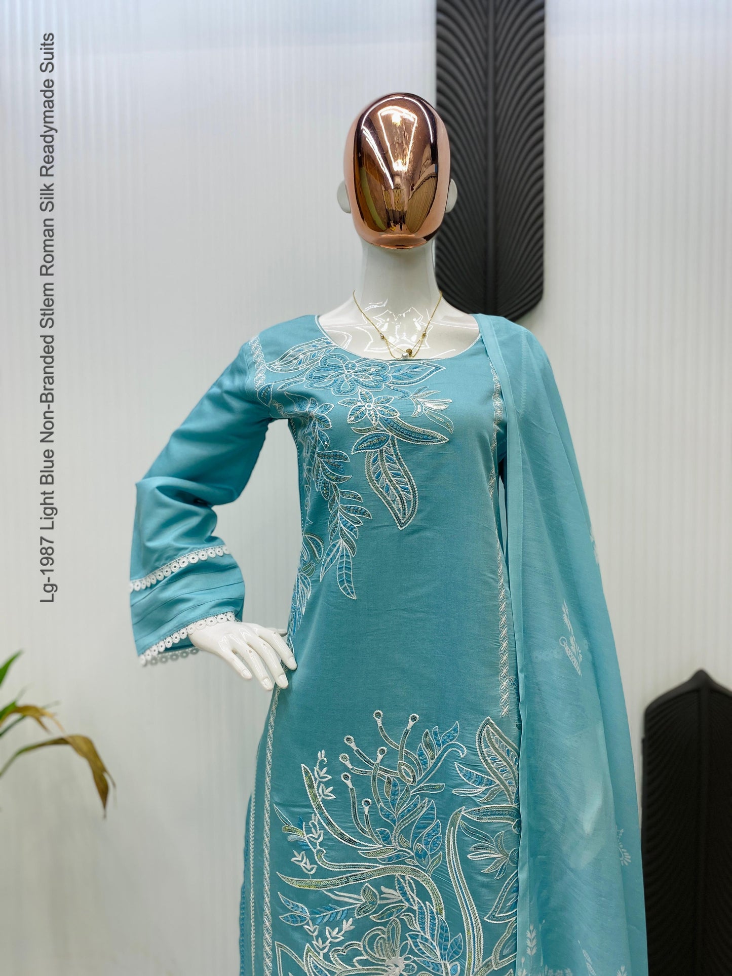 Lg-1987 Light Blue Non-Branded Stlem Roman Silk Readymade Suits