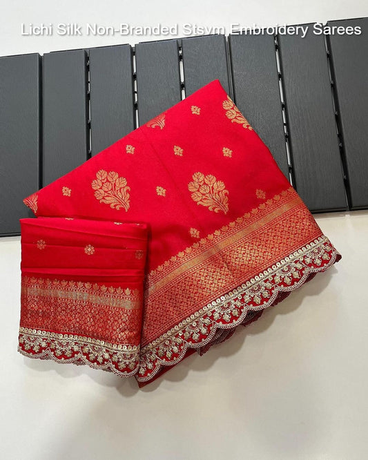 Lichi Silk Non-Branded Stsvm Embroidery Sarees