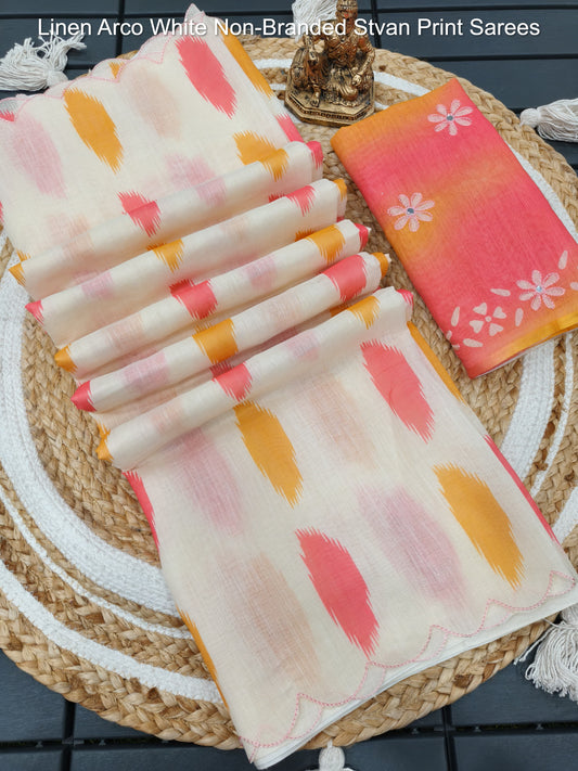Linen Arco White Non-Branded Stvan Print Sarees