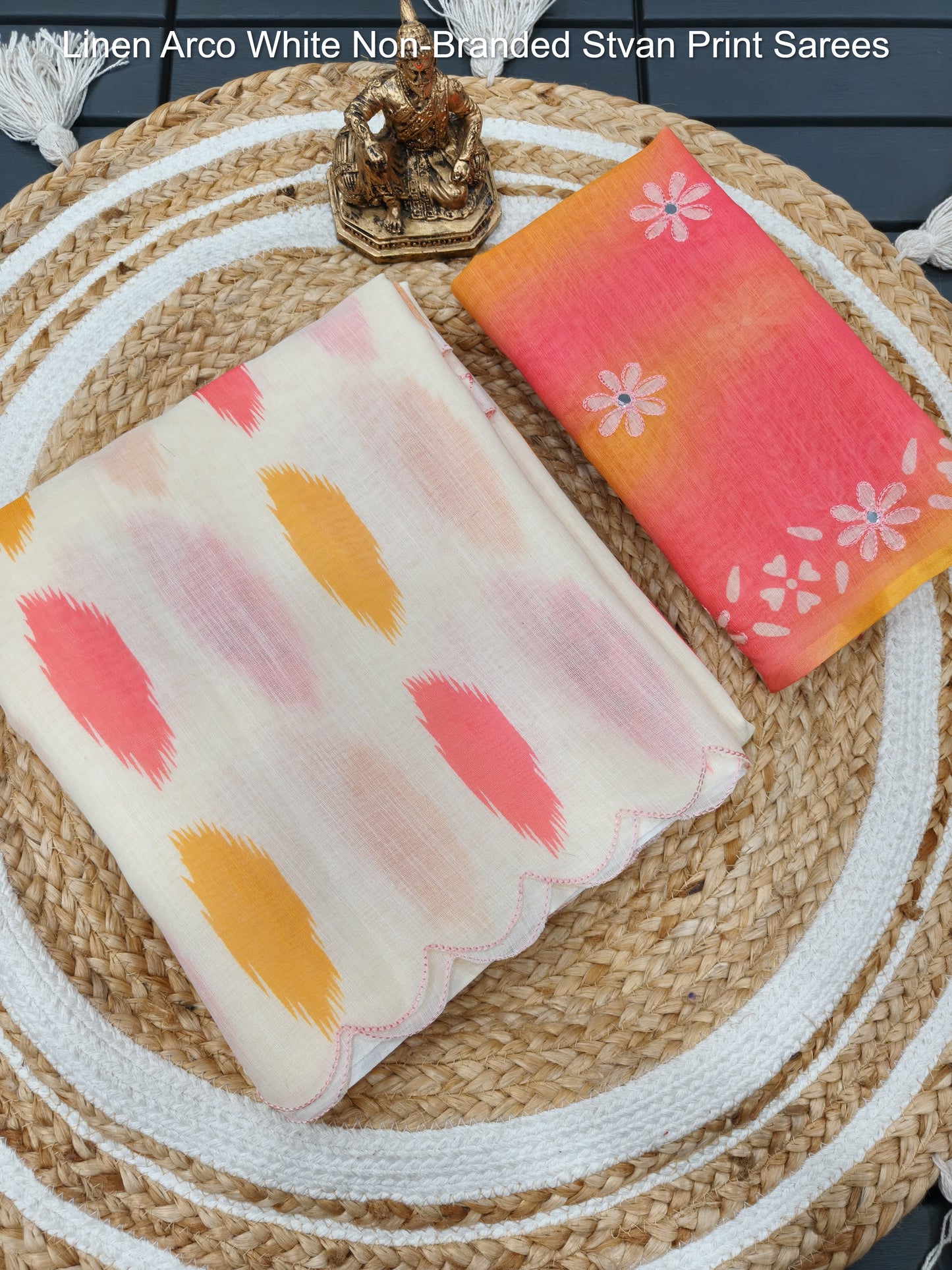 Linen Arco White Non-Branded Stvan Print Sarees