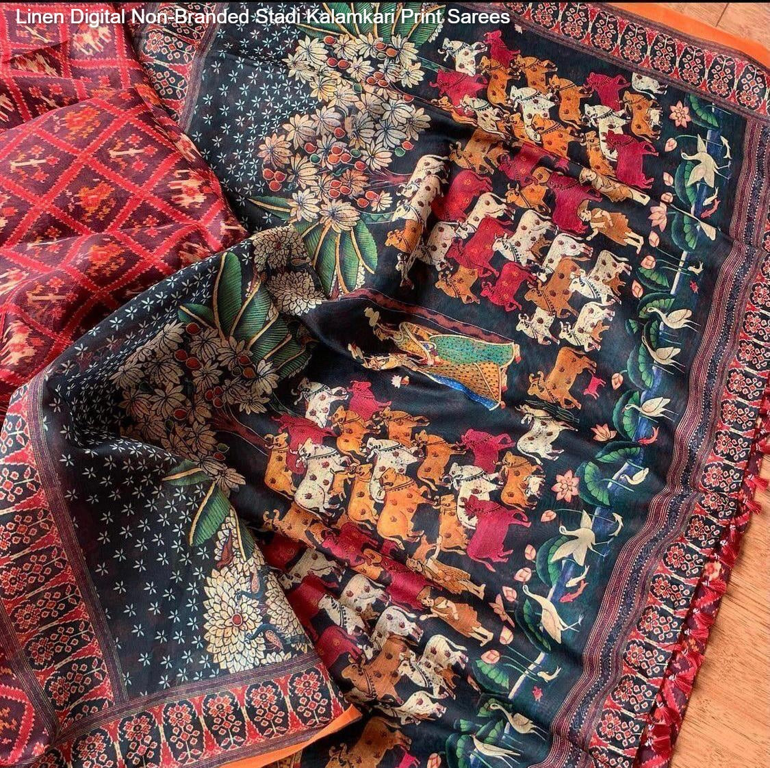 Linen Digital Non-Branded Stadi Kalamkari Print Sarees