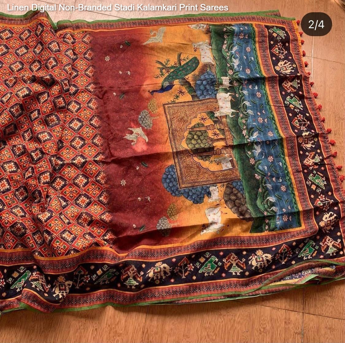 Linen Digital Non-Branded Stadi Kalamkari Print Sarees