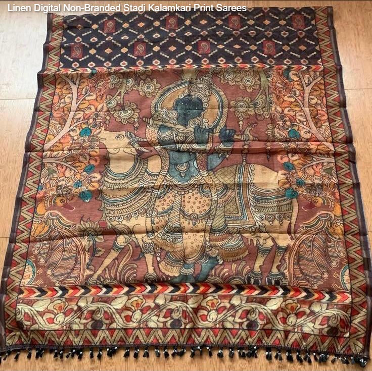 Linen Digital Non-Branded Stadi Kalamkari Print Sarees