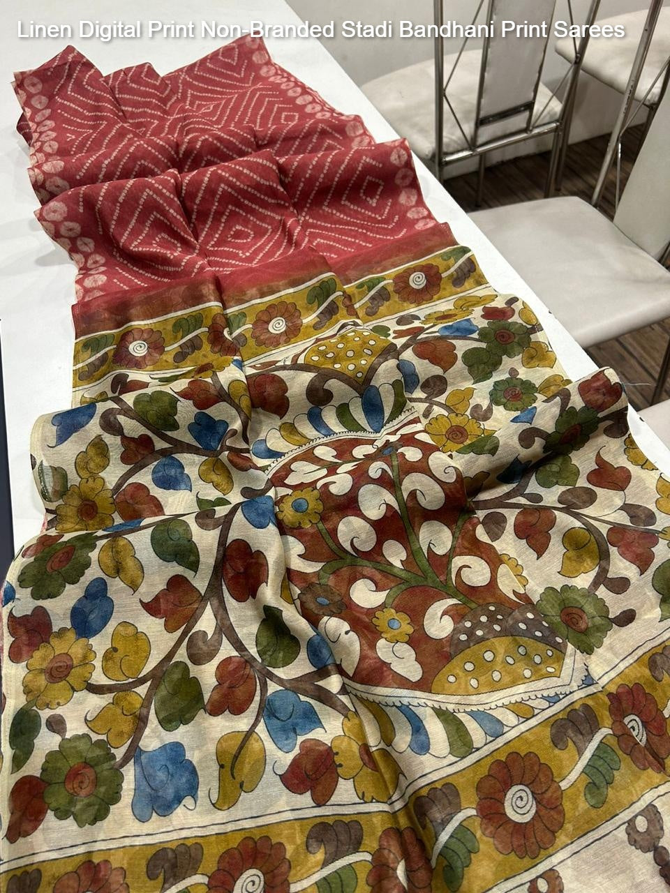 Linen Digital Print Non-Branded Stadi Bandhani Print Sarees