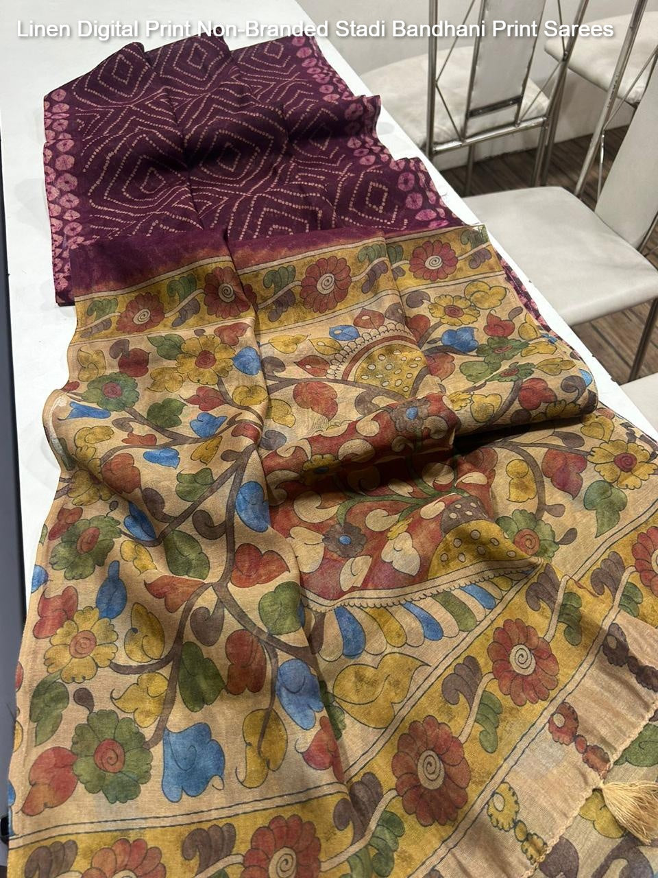 Linen Digital Print Non-Branded Stadi Bandhani Print Sarees