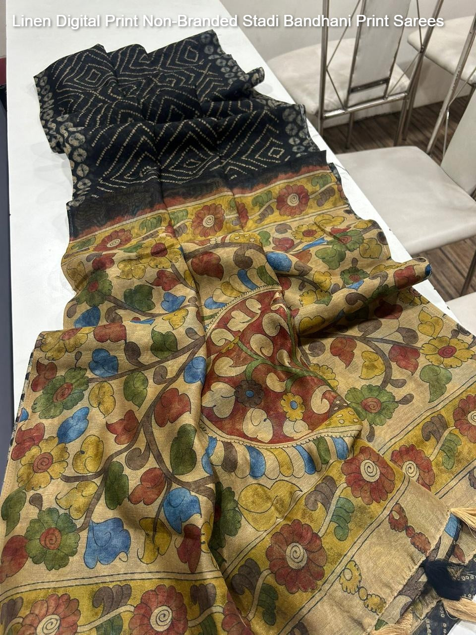 Linen Digital Print Non-Branded Stadi Bandhani Print Sarees