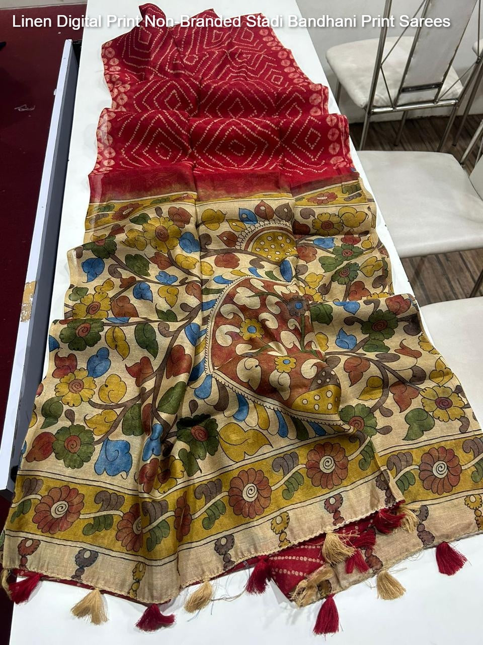 Linen Digital Print Non-Branded Stadi Bandhani Print Sarees