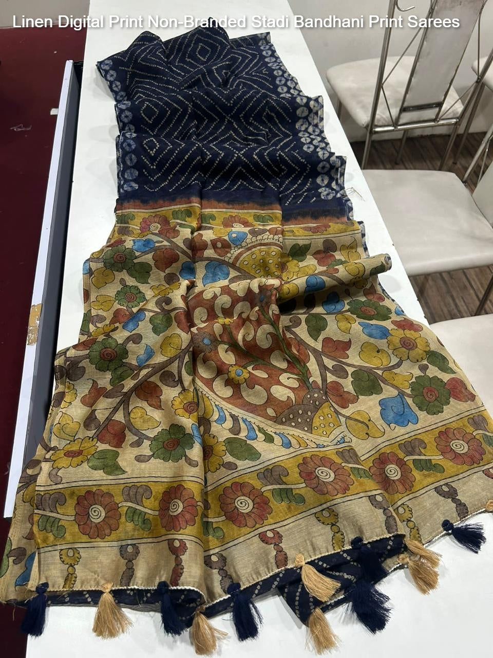 Linen Digital Print Non-Branded Stadi Bandhani Print Sarees