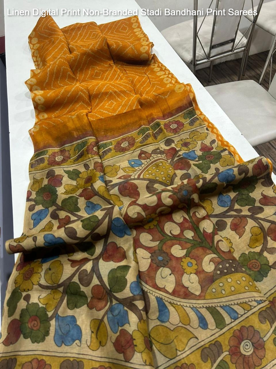Linen Digital Print Non-Branded Stadi Bandhani Print Sarees