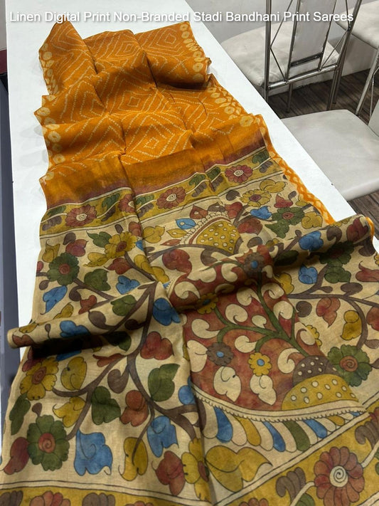 Linen Digital Print Non-Branded Stadi Bandhani Print Sarees