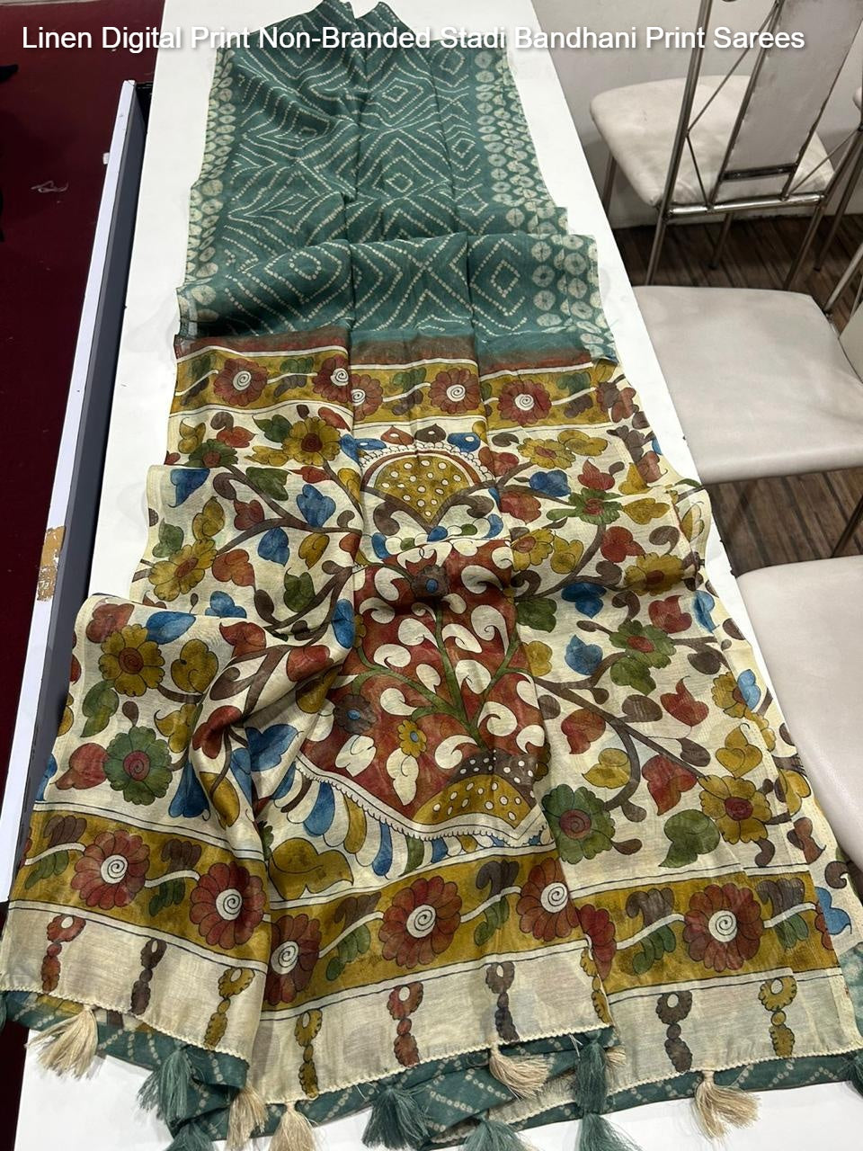 Linen Digital Print Non-Branded Stadi Bandhani Print Sarees