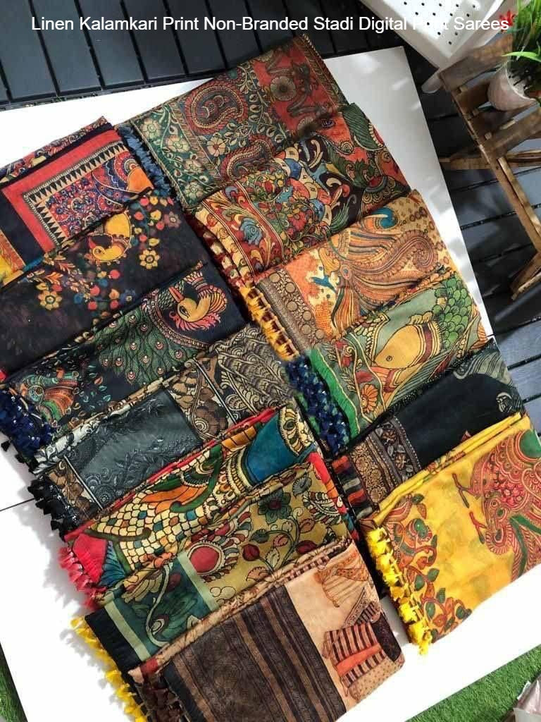 Linen Kalamkari Print Non-Branded Stadi Digital Print Sarees