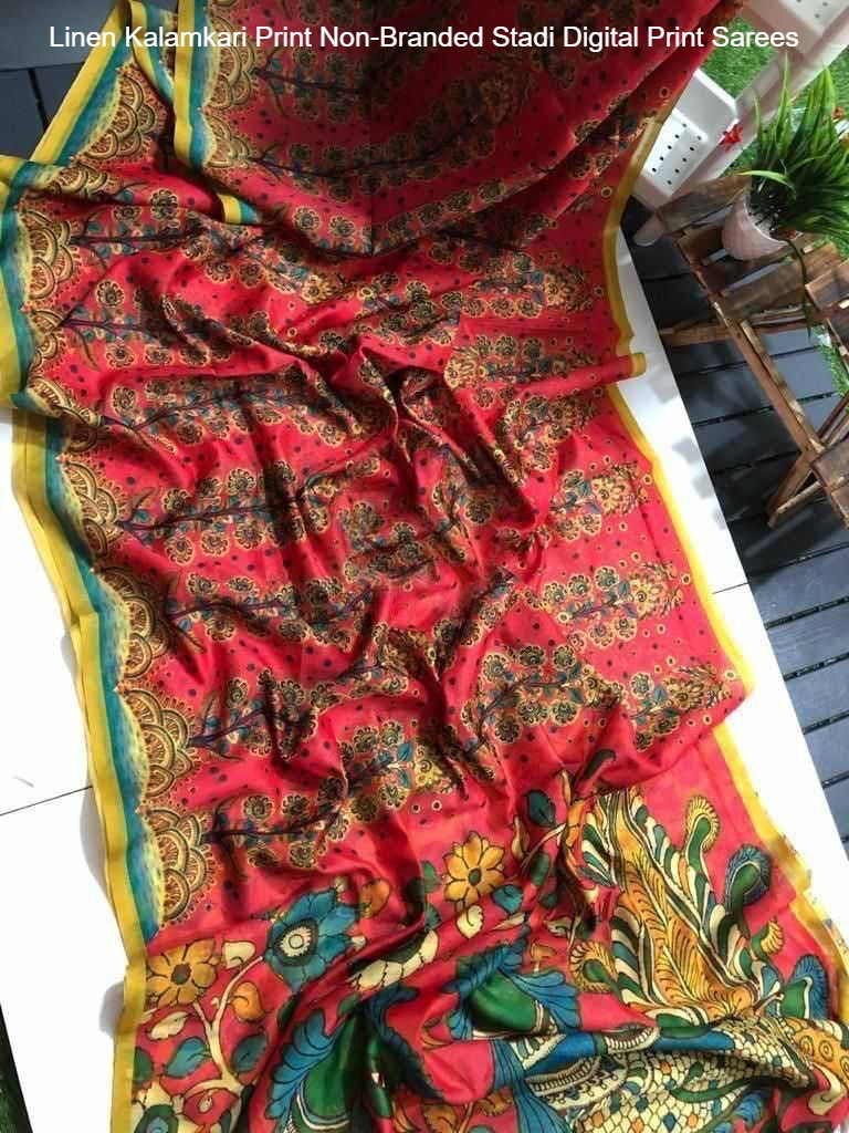 Linen Kalamkari Print Non-Branded Stadi Digital Print Sarees