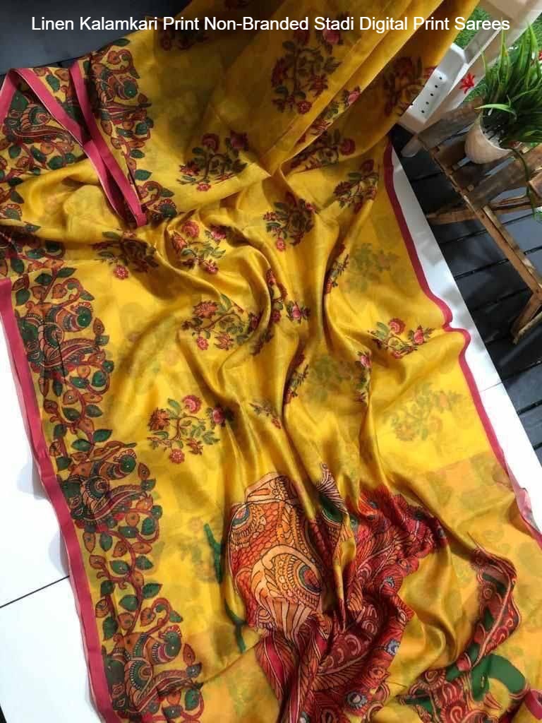 Linen Kalamkari Print Non-Branded Stadi Digital Print Sarees