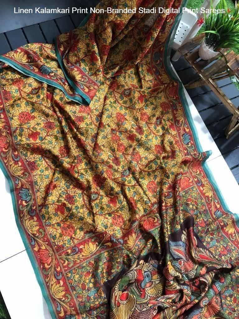 Linen Kalamkari Print Non-Branded Stadi Digital Print Sarees