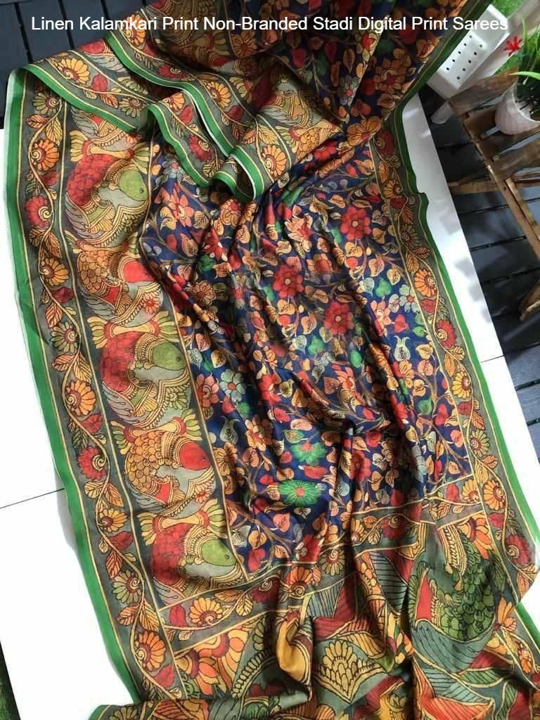 Linen Kalamkari Print Non-Branded Stadi Digital Print Sarees