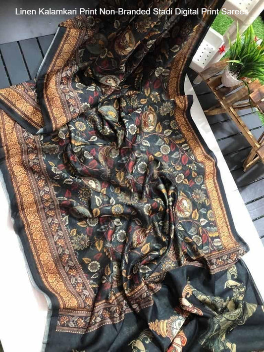 Linen Kalamkari Print Non-Branded Stadi Digital Print Sarees