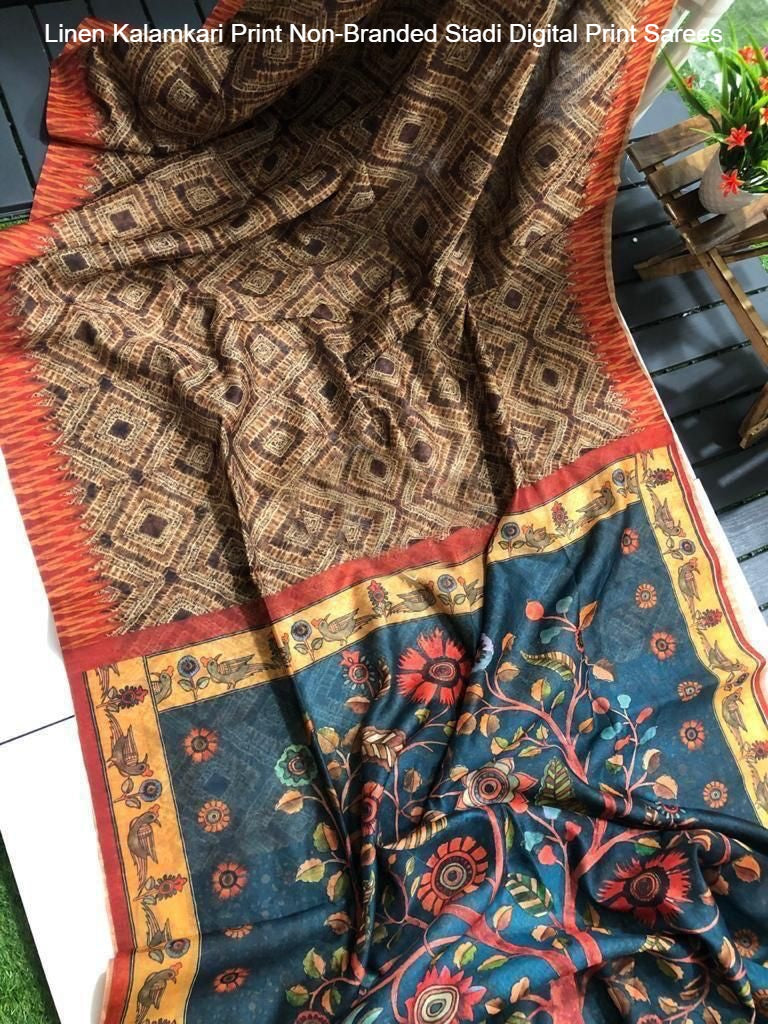 Linen Kalamkari Print Non-Branded Stadi Digital Print Sarees