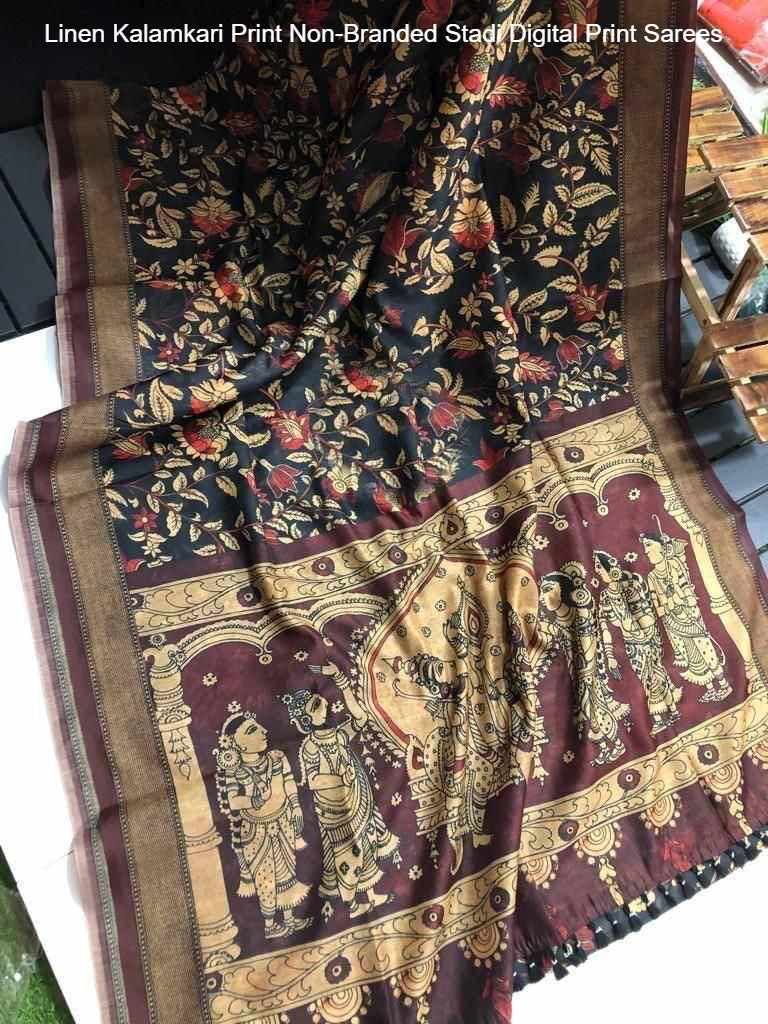 Linen Kalamkari Print Non-Branded Stadi Digital Print Sarees
